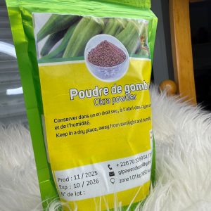 Gombo en poudre de qualité, ingrédient africain à texture gluante, idéal pour sauces kabato, riz, plakali, foutou et foufou, disponible sur DEBI STORE.