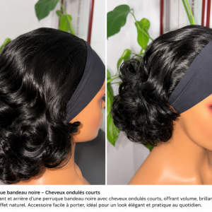 Perruque bandeau noire avec boucles bouncy rebondissantes, offrant un volume naturel et un mouvement fluide. Modèle léger, facile à enfiler grâce au bandeau intégré, idéal pour un look élégant et pratique au quotidien.