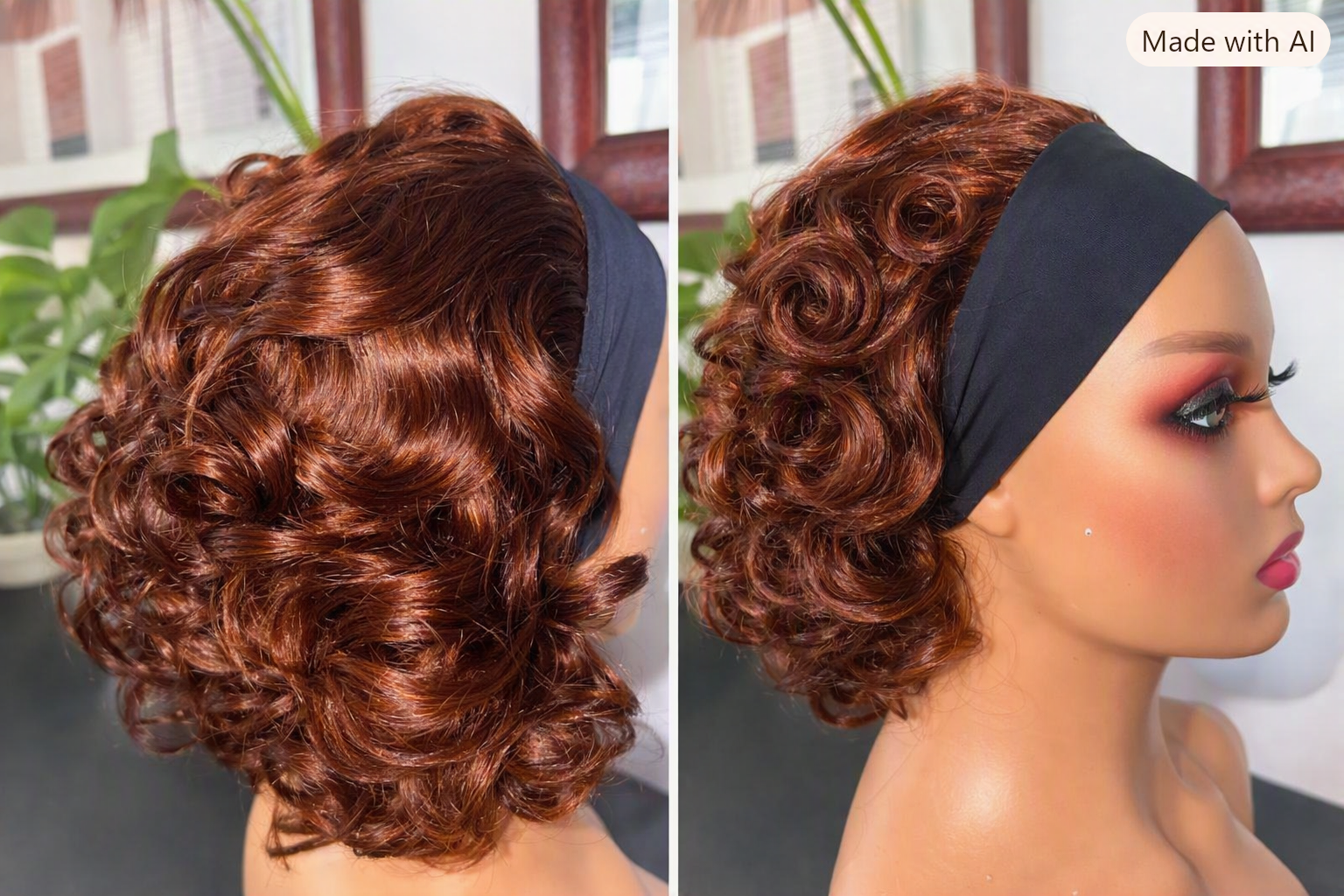 perruque bandeau couleur châtain cuivrée avec bouncy naturelles, offrant un rendu volumineux, souple et élégant. Sa coupe facile à porter une mise en place rapide et un look naturel quotidien