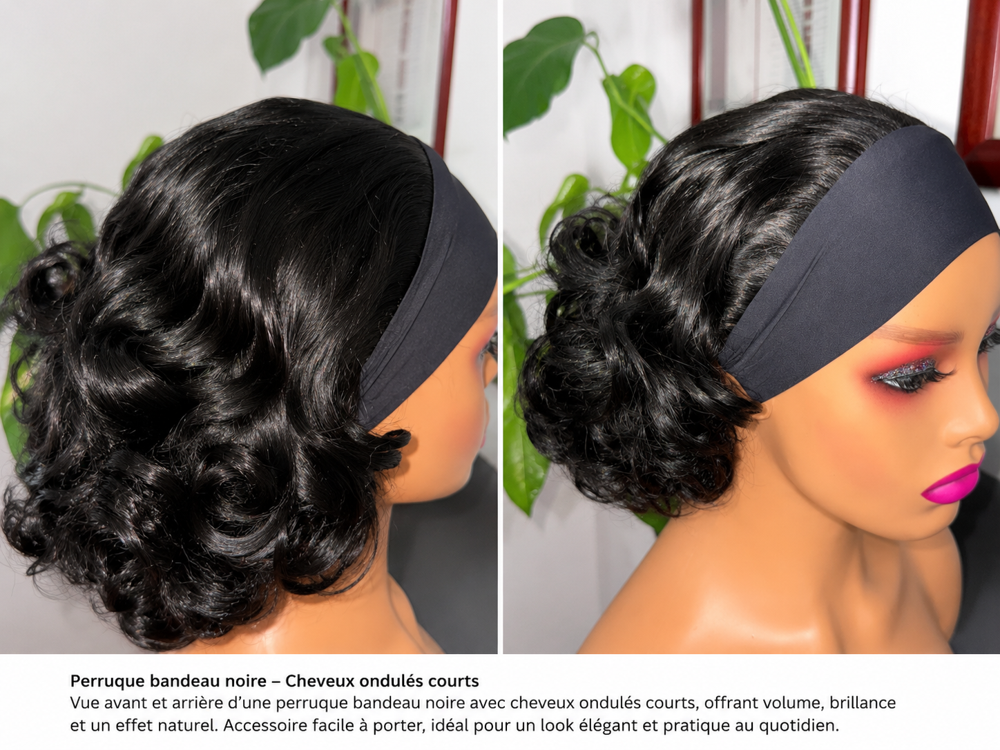 Perruque bandeau noire avec boucles bouncy rebondissantes, offrant un volume naturel et un mouvement fluide. Modèle léger, facile à enfiler grâce au bandeau intégré, idéal pour un look élégant et pratique au quotidien.