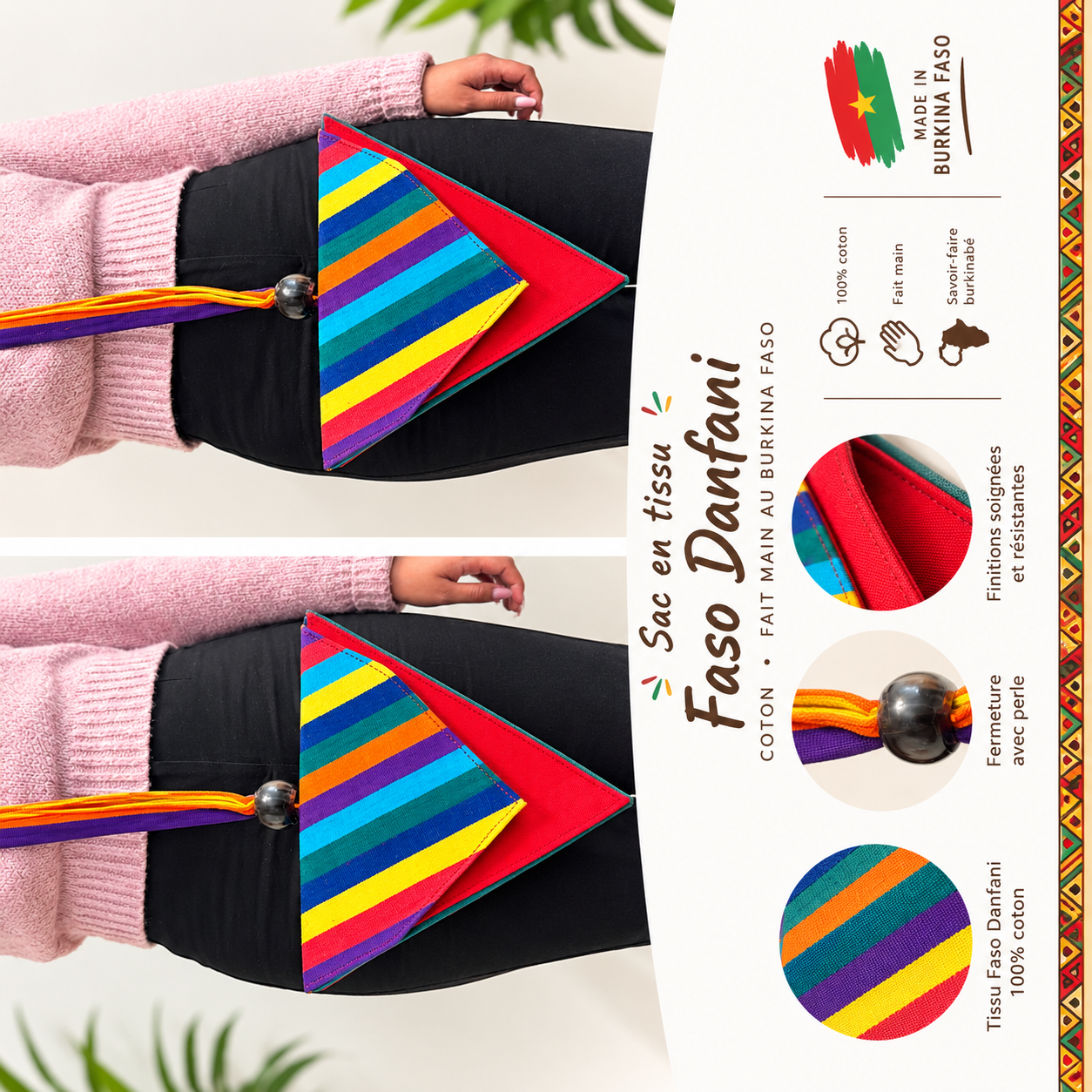 Sac à bandoulière triangulaire en tissu Faso Danfani 100 % coton, fabriqué au Burkina Faso, aux motifs rayés multicolores. Sac artisanal coloré avec fermeture par perle et finitions soignées, idéal pour apporter une touche africaine et élégante à toutes vos tenues.